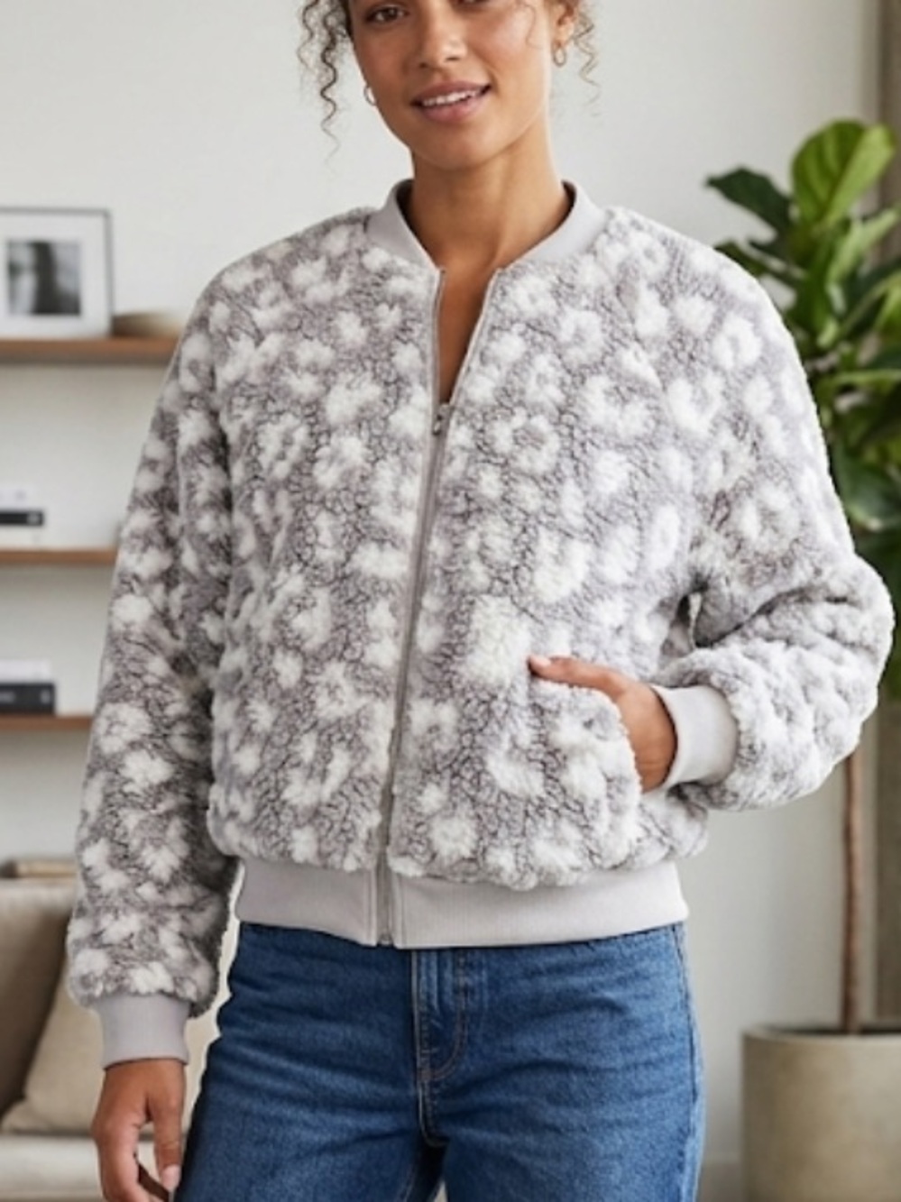 Express Plush Sherpa Zip Jacket - Gray & White! New! L
